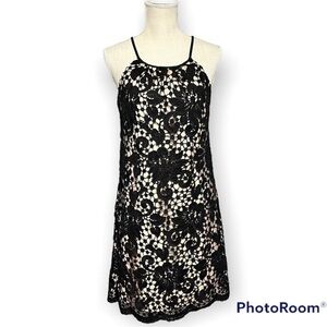 Jade MELODY TAM Black and Tan Floral Crochet Knit lace Halter Sheath Mini Dress